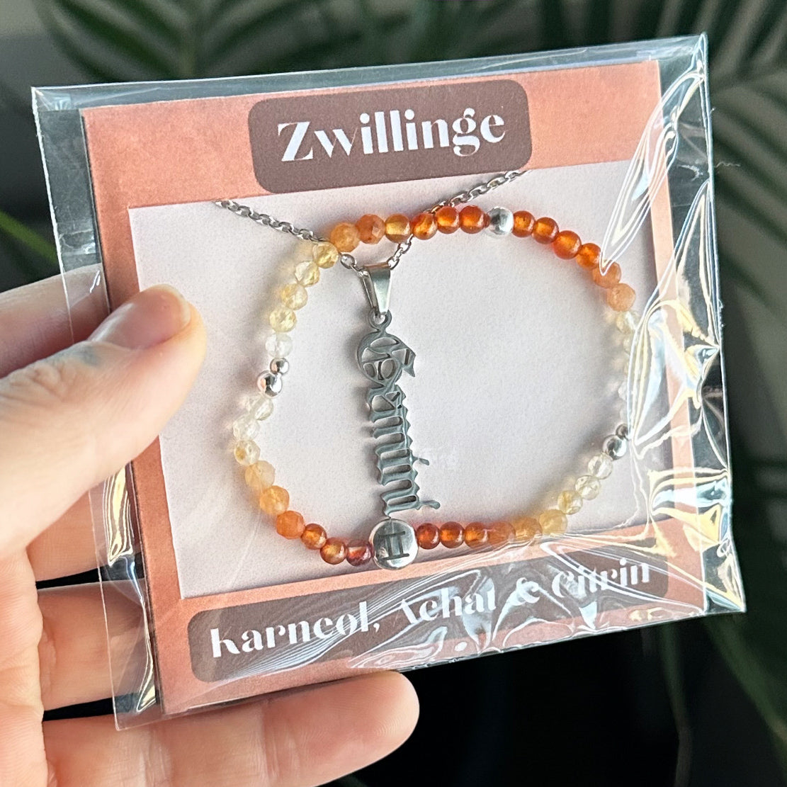 Sternzeichen Set - Zwillinge - Karneol, Achat & Citrin Silber A
