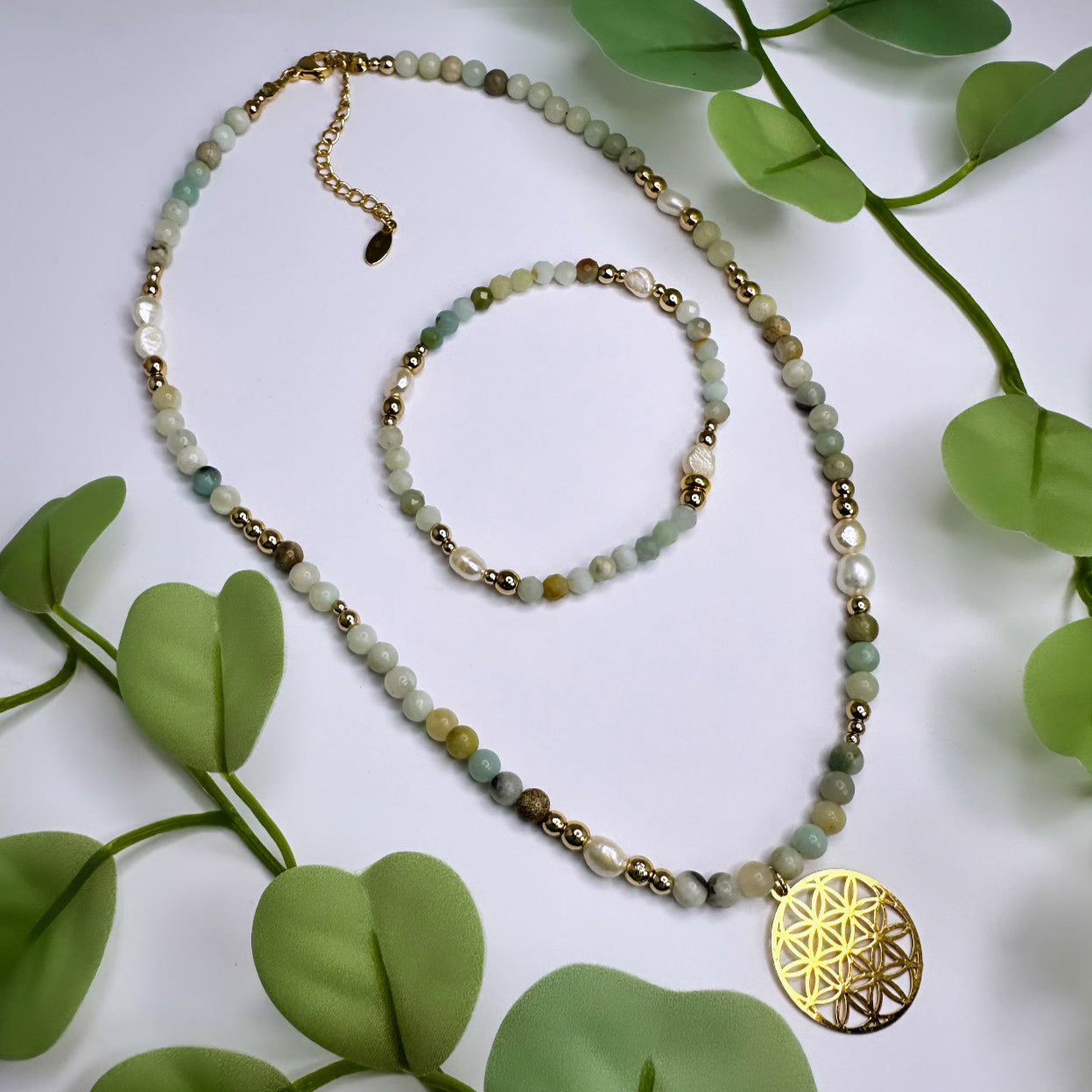 Blume des Lebens Halskette - Amazonit Gold