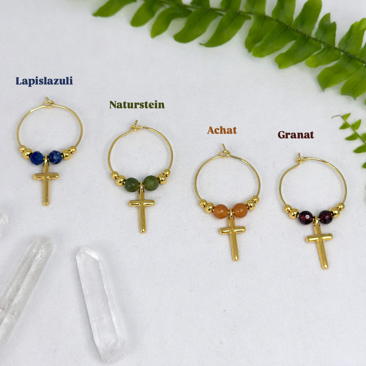 Ohrringe Kreuz - Granat - vergoldet