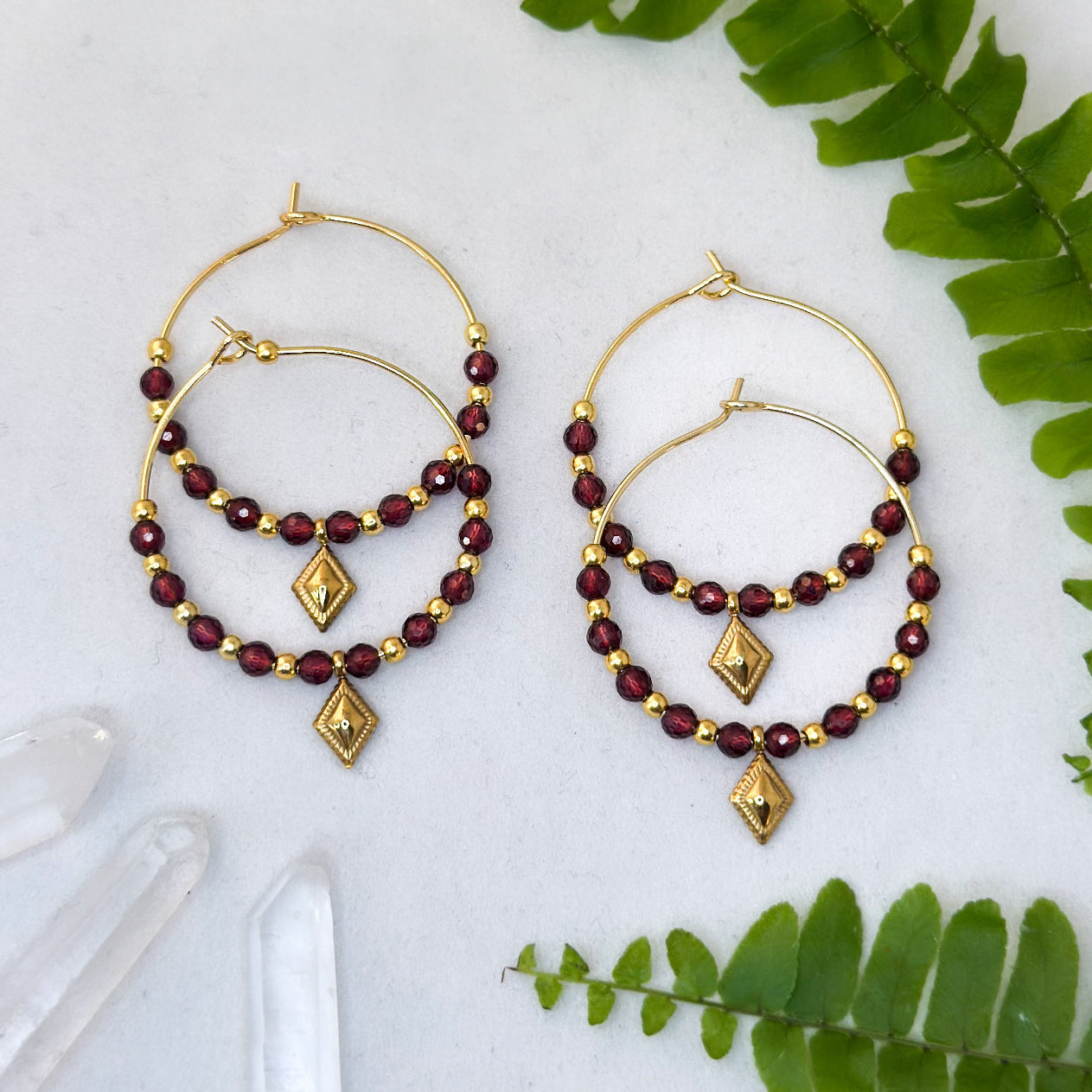 Ohrringe Creolen - Granat - vergoldet