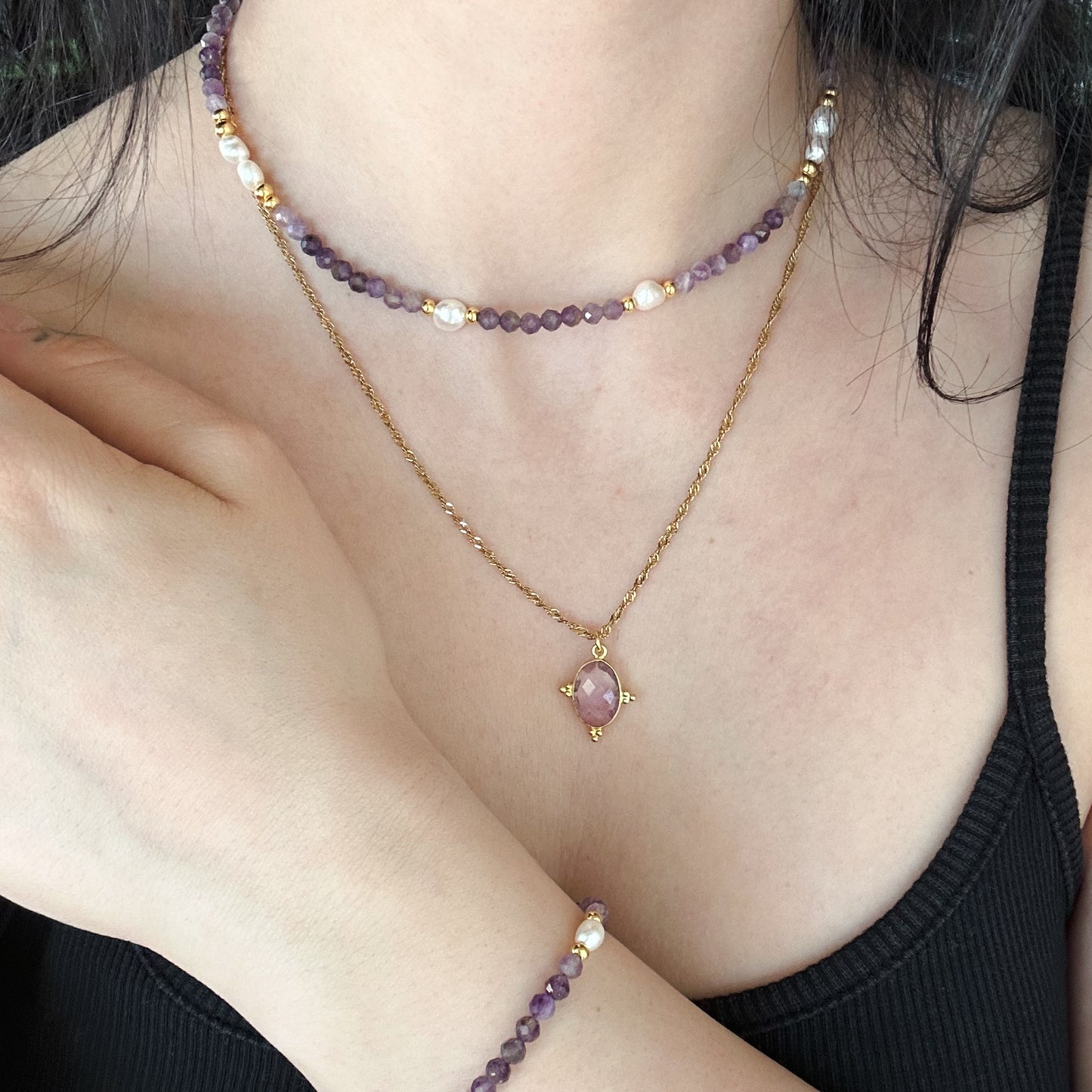 FEBRUAR - Amethyst & Süsswasserperlen - Halskette Hecate