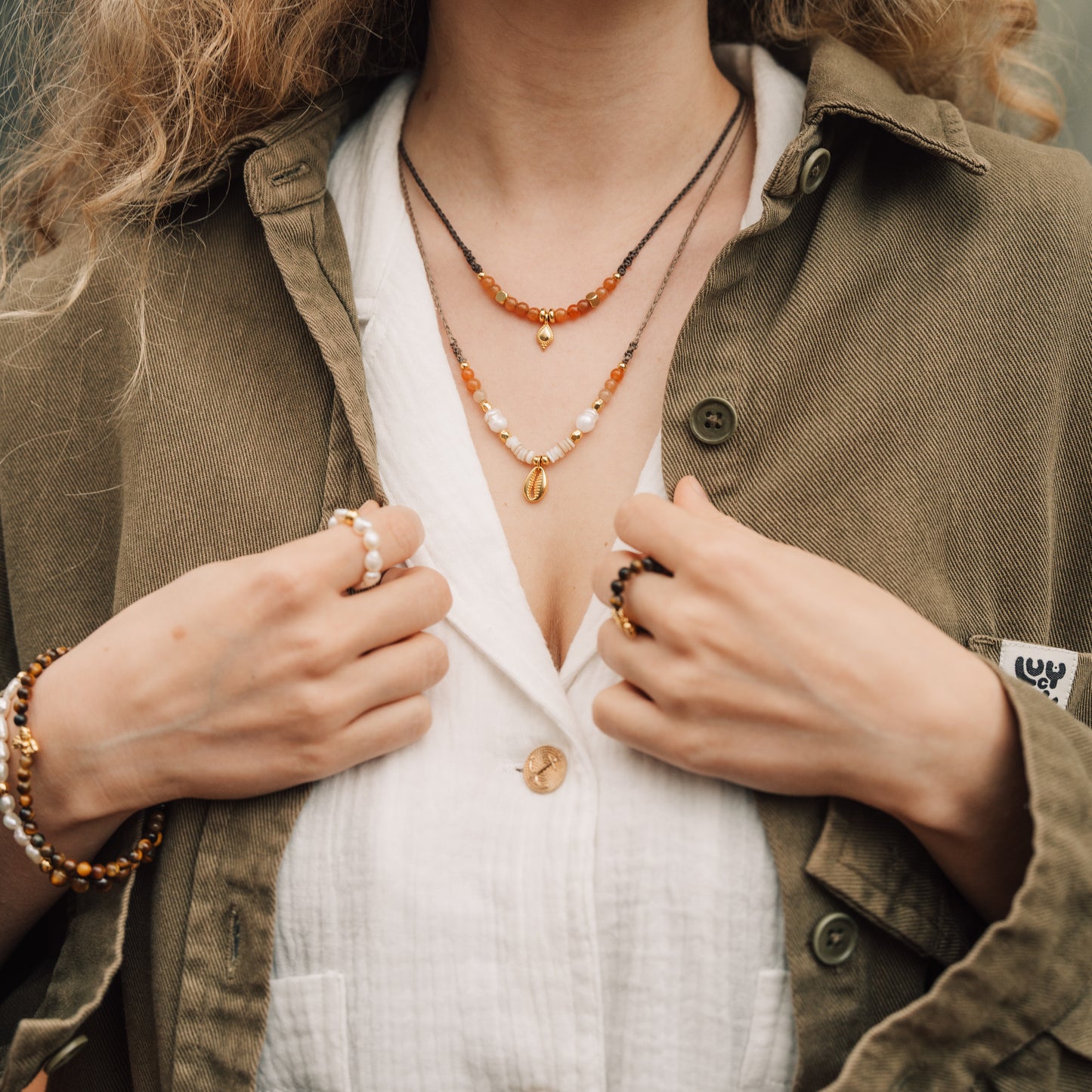 Halskette/ Choker - Karneol & Achat - Muscheln & Süsswasserperlen - Silber