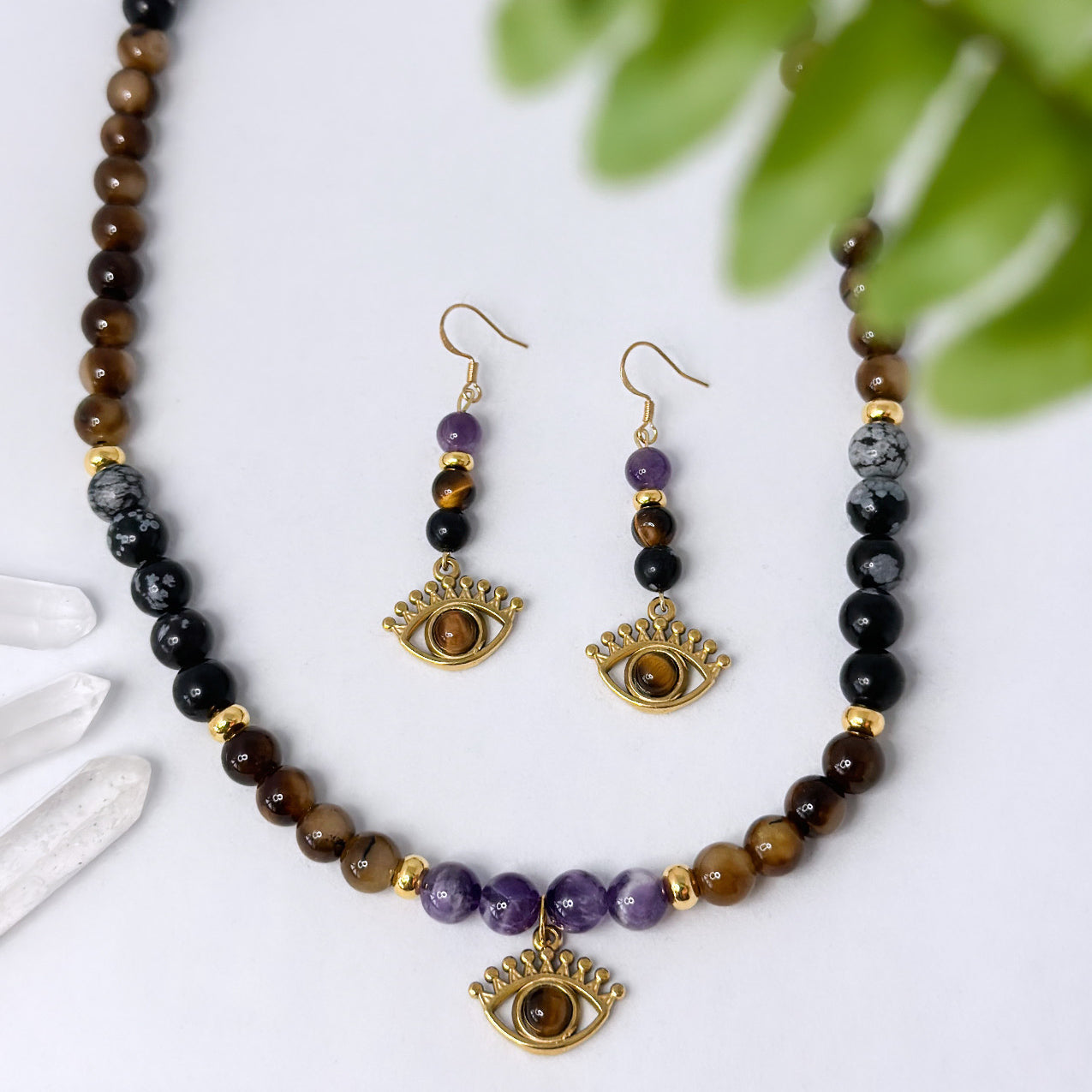 Set Halskette & Ohrringe Tigerauge, Schneeflockenobsidian, Amethyst, Naturstein