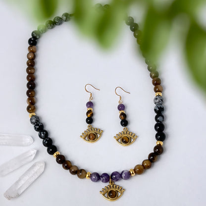 Set Halskette & Ohrringe Tigerauge, Schneeflockenobsidian, Amethyst, Naturstein