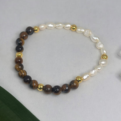 Armband Tigerauge & Süsswasserperlen vergoldet