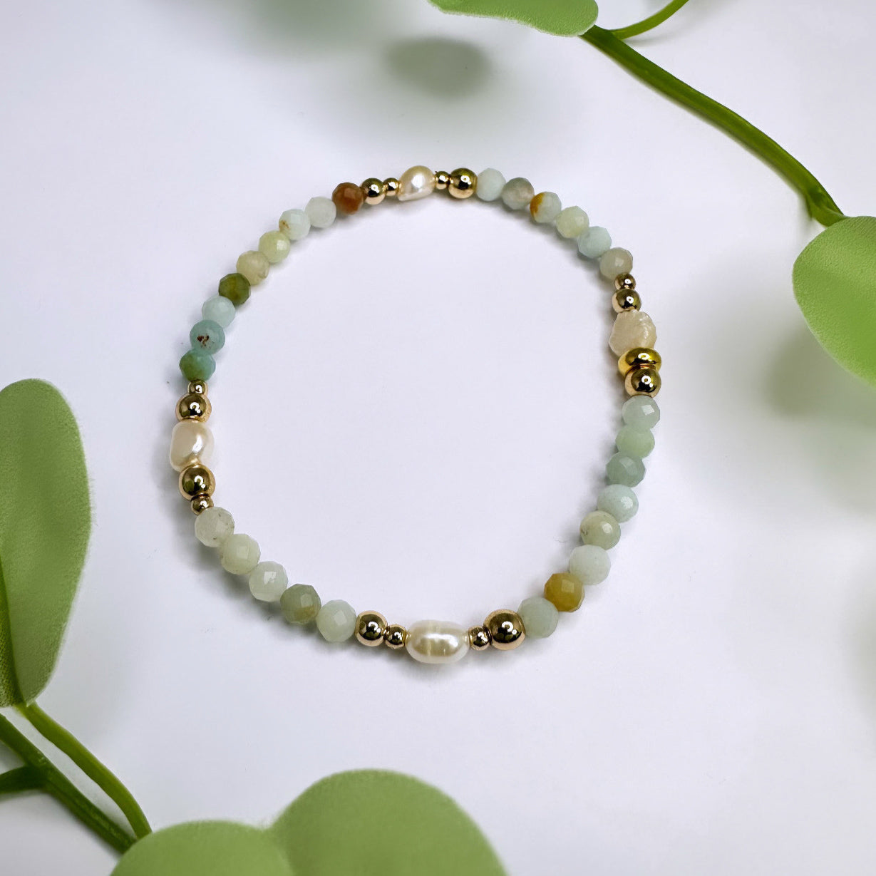 Armband - Amazonit & Süsswasserperlen - Gold