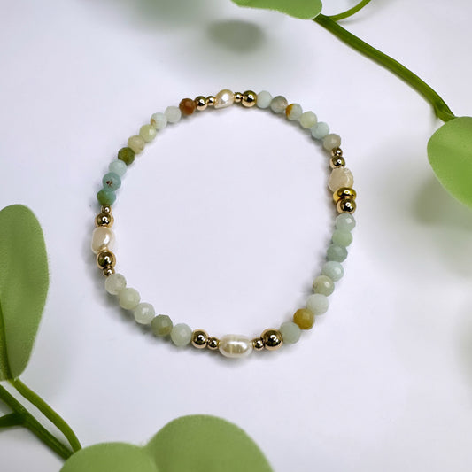 Armband - Amazonit & Süsswasserperlen - Gold