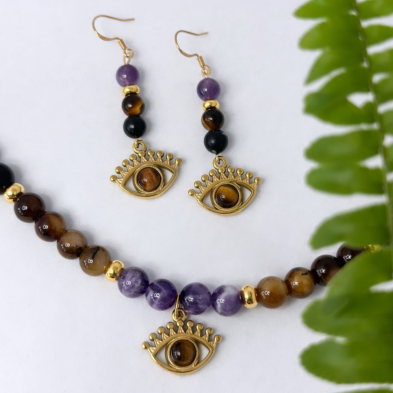 Set Halskette & Ohrringe Tigerauge, Schneeflockenobsidian, Amethyst, Naturstein