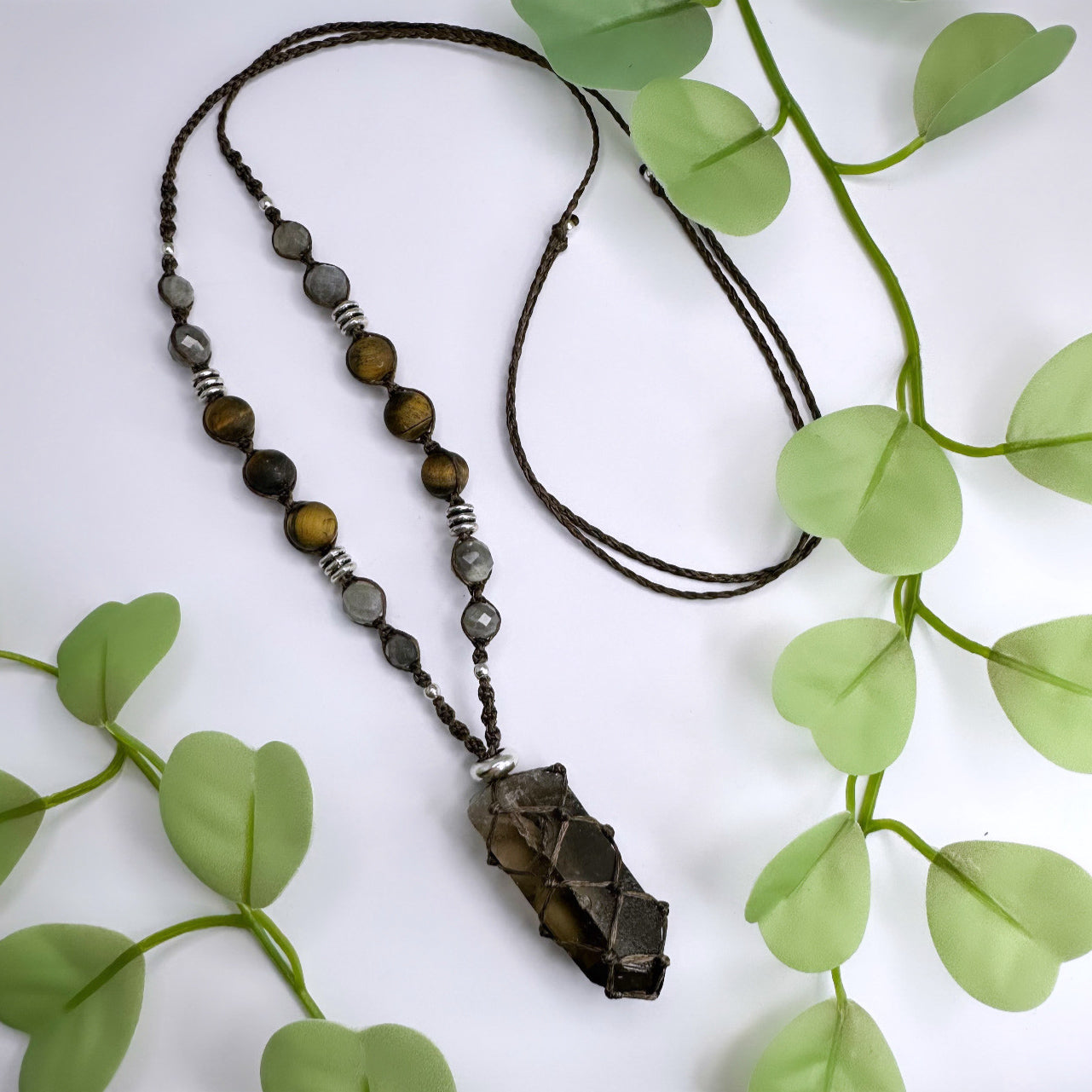Halskette Rauchquarz - Tigerauge & Labradorit - Silber