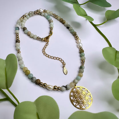 Blume des Lebens Halskette - Amazonit Gold