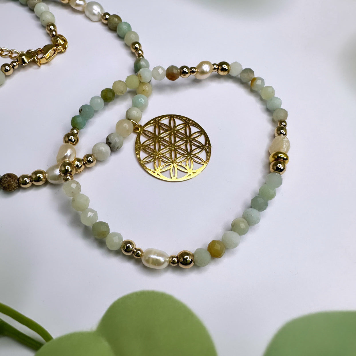 Blume des Lebens Halskette - Amazonit Gold