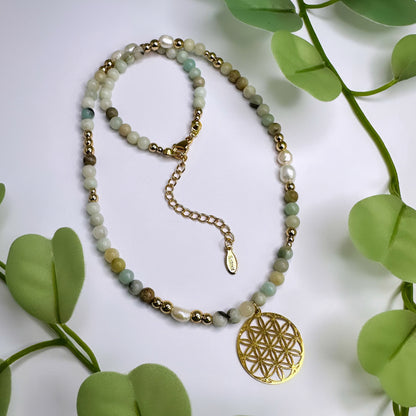 Blume des Lebens Halskette - Amazonit Gold