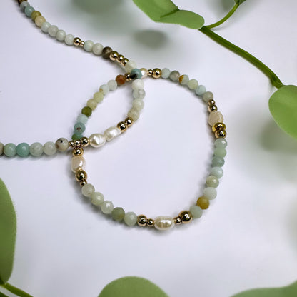 Armband - Amazonit & Süsswasserperlen - Gold