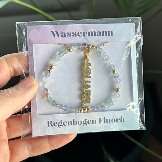 Sternzeichen Set - Wassermann - Regenbogen Fluorit Gold B