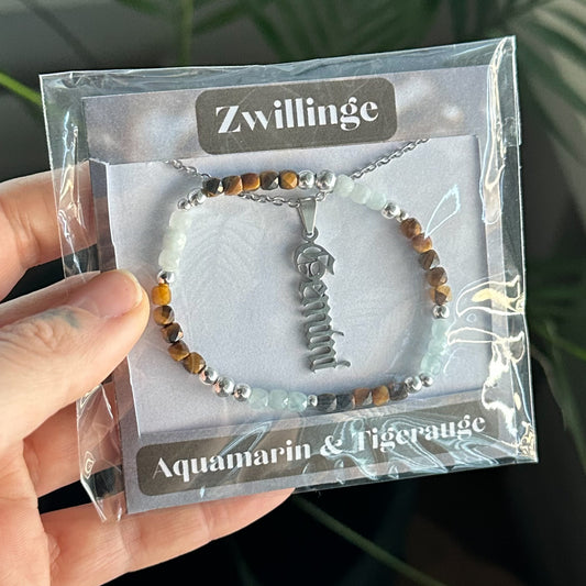Sternzeichen Set - Zwillinge - Aquamarin & Tigerauge Silber