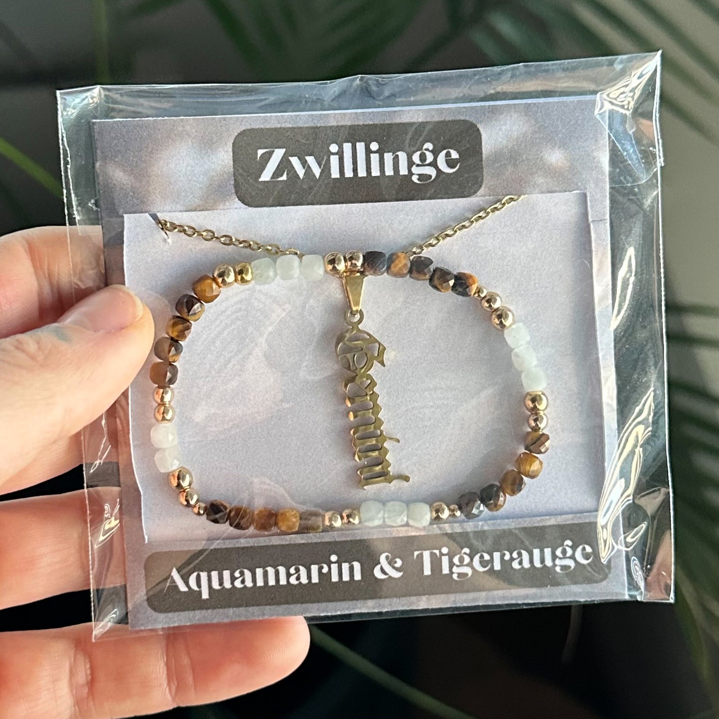 Sternzeichen Set - Zwillinge - Aquamarin & Tigerauge Gold