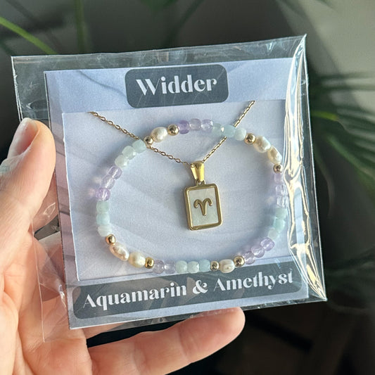 Sternzeichen Set - Widder - Aquamarin & Amethyst Gold